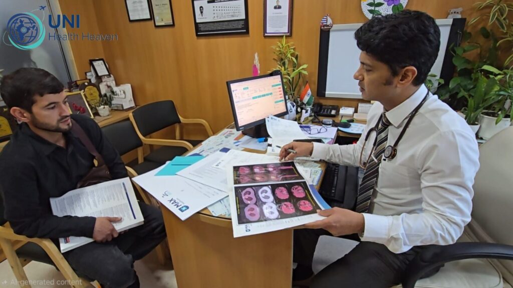 Doctor reviewing medical reports and treatment options with an international patient in India